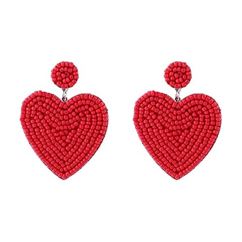 Just Follow Red Beaded Drop Earrings for Women Seed Bead Heart Dangle Earrings Handmade Beaded Earring Studs for Women (Red) Cover