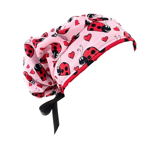 Bouffant Medical Scrub Cap - Lady Bugs - Sweatband/Ponytail Pouch//Nurses Hats/Dr. Hats/Long Hair Pink
