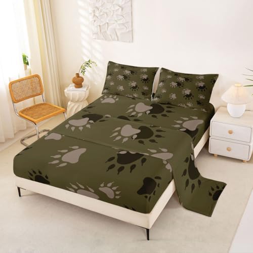 Homemissing Juego de sábanas de huellas de oso, tamaño individual, para niños y niñas, juego de ropa de cama verde y marrón, juego de sábanas de animales occidentales con bolsillos de 40.6 cm de