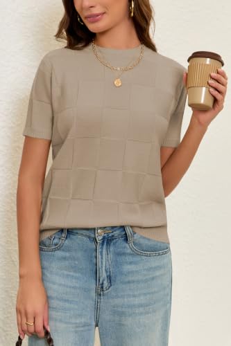 Image of Cakulo Women's Short Sleeve Summer Sweater Knit Tops | Checkered Pattern, Crew Neck, Lightweight Knit, Pullover Sweaters, Business Casual Work Tops Basic Clothes