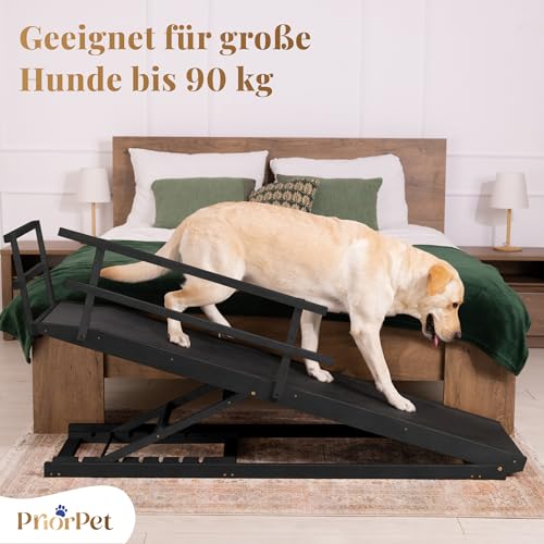 Hunderampe Bett mit Sicherheitsgeländer - Für Große Hunde bis zu 90 kg - Höhenverstellbare hundetreppe für Betten bis zu 94.5cm - Breite 49,5 cm - Klappbar - Anti-Rutsch-Griff - Birkenholz - Schwarz