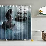 GoJeek Foggy Night Medieval Sea and Pirate Ship Painting Mermaid Shower Curtain Water Repellent Polyester Bathroom Decor 72 * 72 inch