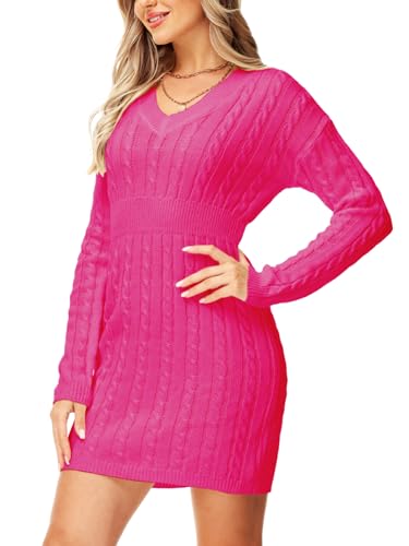 Image of Deerose Women V Neck Sweater Dress Cable Knit Long Sleeve Pullover Sweaters