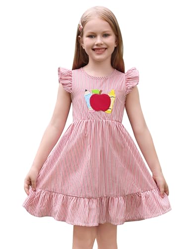 AWIBMK Girls Back to Shool Dress Ruffle Sleeve Apple Pencil Print A-line Summer Casual Kindergarten Preschool Prek Dress