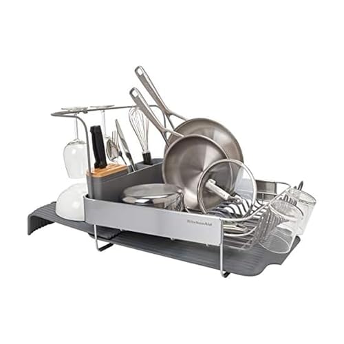 Image of KitchenAid Compact to Full Size Expandable, Rust Resistant Satin Coated Dish Rack with Angled Self Draining Drain Board and Removable Flatware Caddy, 24-Inch, Charcoal