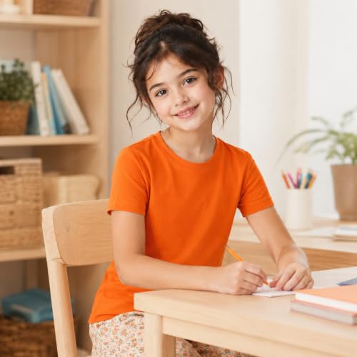 Image of Kids Round Neck Girls Tshirt | Short Sleeves | Natural Organic 100% Cotton Soft Comfortable Fabric | Plain Color Original Branded Half Sleeve | School t-Shirt for Girl Kid | Sleepwear Everyday Casual