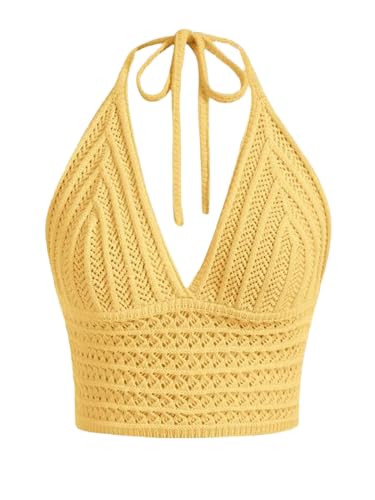 Felcia Women's Stylish Knit Halter Cami Tops Sleeveless Backless Crop Camisole Summer Crochet T Shirts (A-Yellow, M)