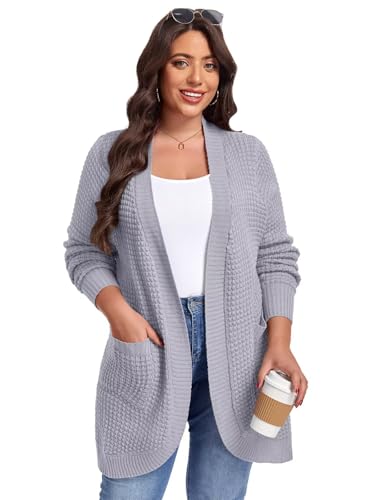 Image of LARACE Long Cardigans for Women Plus Size Tops Open Front Sweaters with Pockets Waffle Ribbed Sleeve Loose Fall Outwear