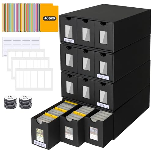 12000+ Trading Card Storage Box for Commander Display, Card Deck Box Cardboard with 48 Dividers, Labels & Tapes, Trading Card Collection Box Fit for TCG, PTCG, MTG and Sport Cards