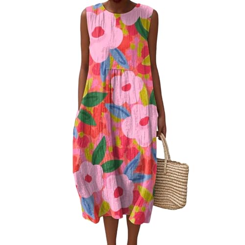 Mfhmom Damen Boho-Kleid Strandkleid Musselin Sommerkleid Leinen Rundhals Armellos Trägerkleid Lockeres Plissiertes Atmungsaktives Midikleid mit...