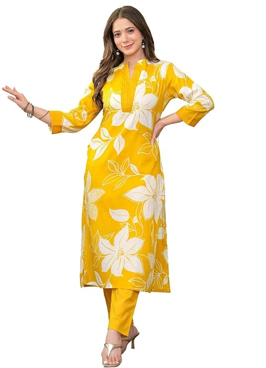MEERA FAB Women’s Pure Cotton Printed Ethnic Wear Straight Kurta Set with Palazzo Pants