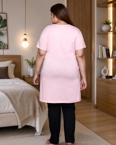 Image of In Love Women Cotton Regular Fit Plus Size Long-Line Chest Print T-Shirt with Pocket