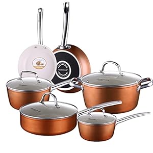 10-Piece Pots and Pans, White Ceramic Nonstick Copper Finish Cookware Set with Lids— Oven Suitable Dishwasher Suitable PFOA/PTFE Free
