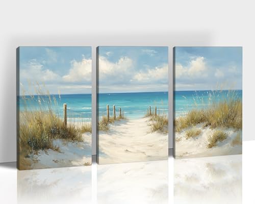 KVTM 3-Pcs Beach Canvas Wall Art Set, Coastal Prints Panoramic