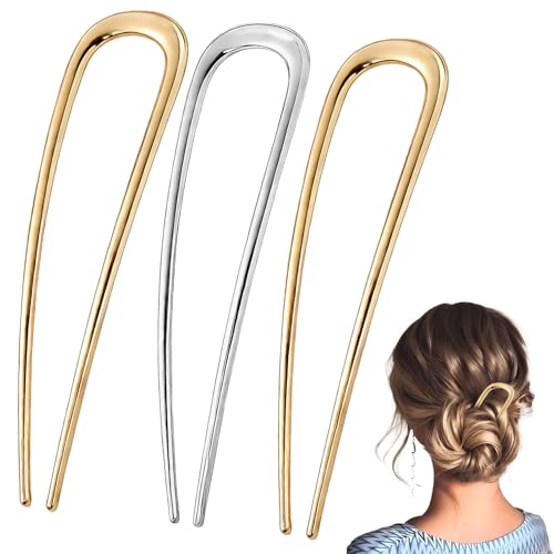 3pcs U-Shaped French Hair Clip, Gold and Silver Hair Pins for Buns, Elegant Premium Hair Accessories for Women and Girls, Suitable for Straight, Curly Hair