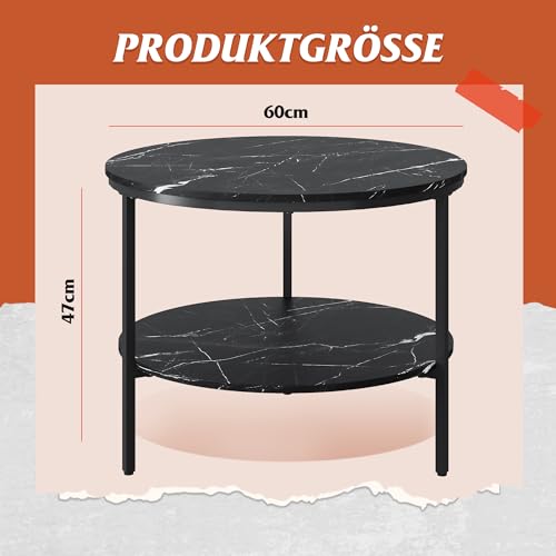 WLIVE Couchtisch Rund, Wohnzimmertisch Holz mit 2 Ebenen, Sofatisch mit viel Stauraum, für Wohnzimmer, Schlafzimmer, Modern Design, Marmor Schwarz – Bild 4