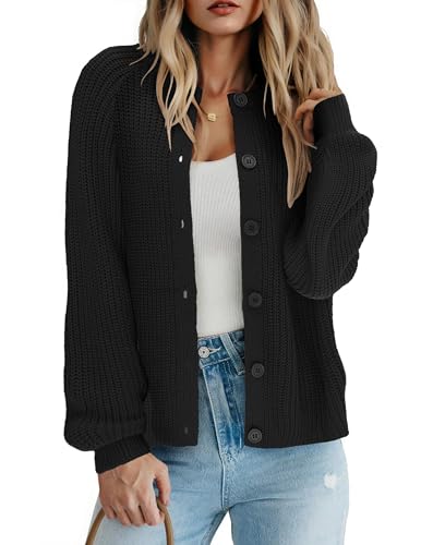 Zeagoo Strickjacke Damen Herbst Winter Langarm Rundhals Cardigan Grobstrick Strickjacken mit Knopf Open Front Knitted Sweater Schwarz XXL