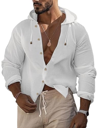 Mens Linen Shirts Casual Button Down Shirts Long Sleeve Roll-Up Sleeve Summer Beach Shirts Tops with Hood - Main Image