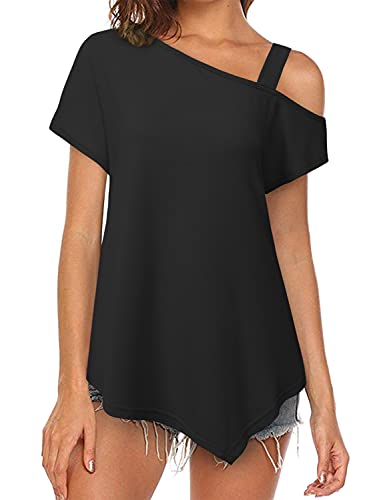 MOQIVGI Summer Tops for Women Sexy Casual, Cold Shoulder Shirts, Dressy Elegant Cute Trendy 2021 Short Sleeve Hanky Hem Tunic Ladies Boutique Clothing Black Medium