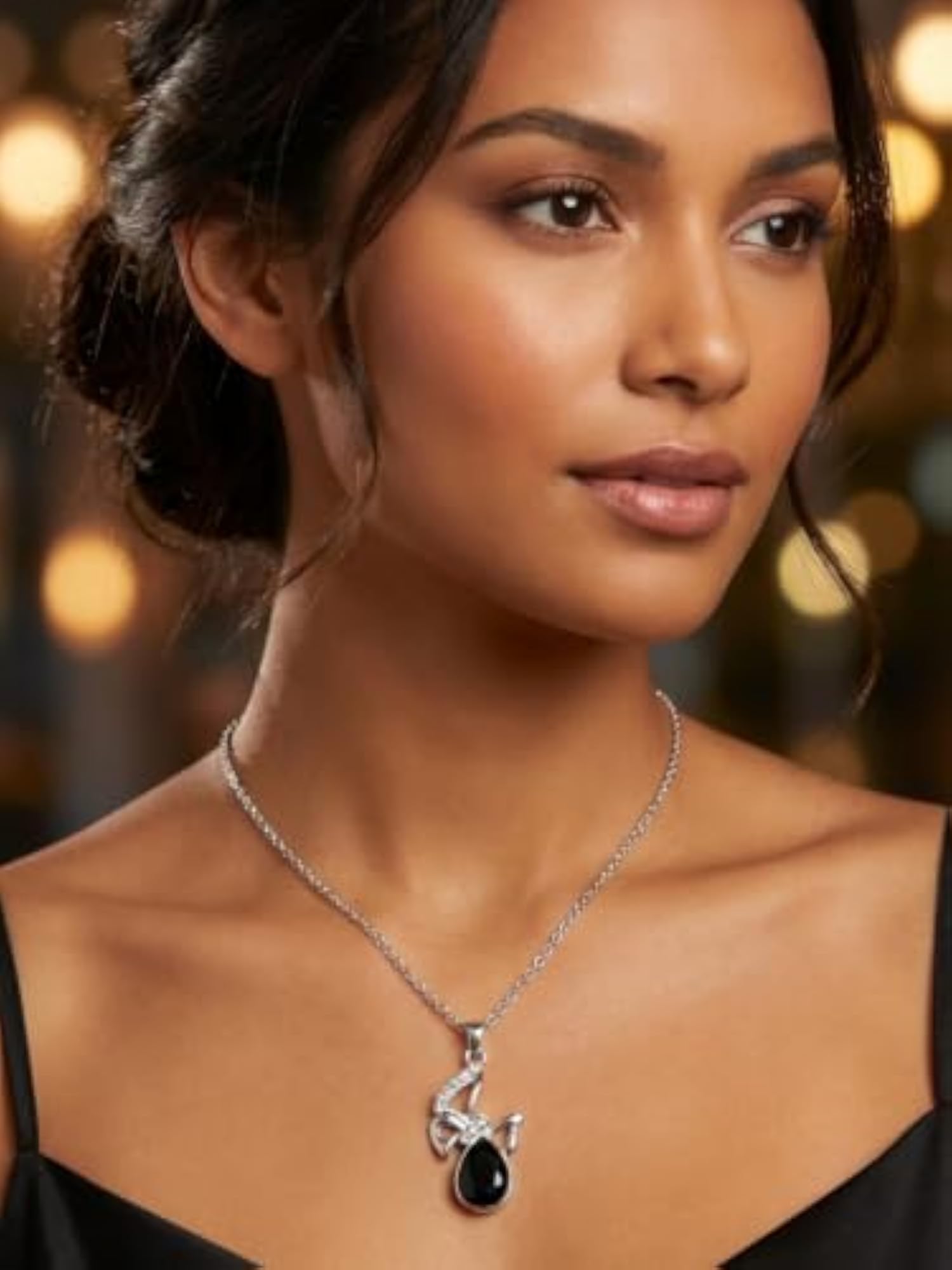 Women's Silver Black Teardrop Stainless Steel Pendant Necklace