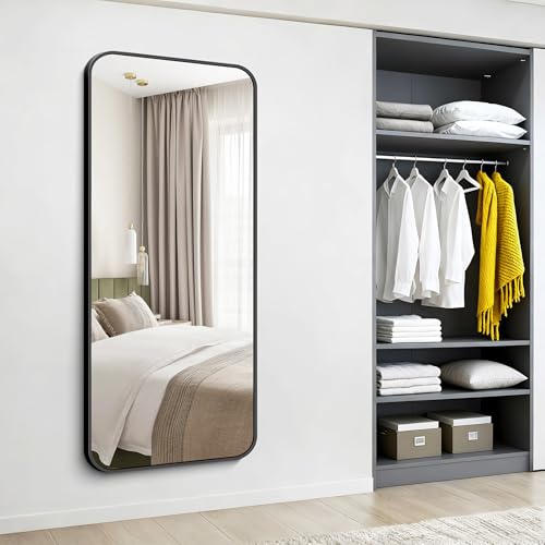 Image of Black Bathroom Mirror, 66x30 inch Aluminum Metal Frame Rectangular Vanity Mirror, Large Wall Mounted Rectangle Mirrors with Rounded Corner for Over Sink Bedroom Living Room Horizontal /Vertical