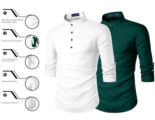 Image of Zombom Men's Combo Cotton Polyester Blend Solid Full Sleeve Straight Regular Fit Mandarin /Chinese Collor Kurta (Pack of 2)