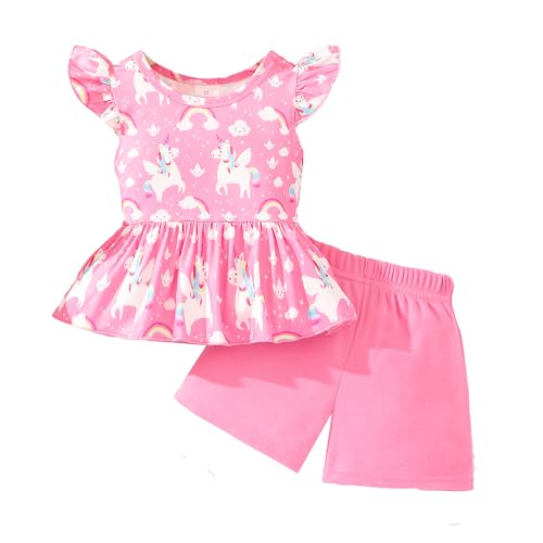 Image of Girls Summer Outfits Toddler Baby Girls Short Sets 2 Piece Clothing Set Flutter Sleeve Shirt and Short 2-7 Years