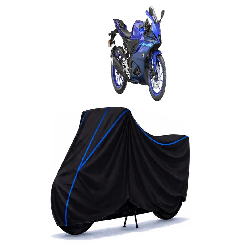 Image of R15 M Bike Cover Water Resistant Universal Motorcycle Rain | Heavy Duty UV Protection, Dust, Scratch Indoor Outdoor All Weather with Black Blue Piping Elastic