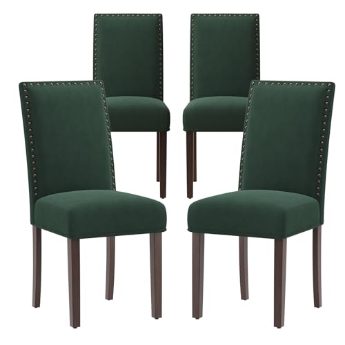 COLAMY Green Velvet Dining Chairs Set of 4 – Upholstered Kitchen & Dining Room Chairs with Nailhead Trim, Soft High-Density Cushion and Solid Wood Legs for Dining Room, Kitchen, Living Room