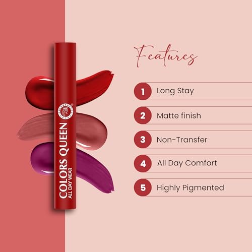 Image of Colors Queen All Day Wear Liquid Lipstick - Pinky Spice, 12g | Highly Pigmented, Long Lasting Matte Lipstick | Smooth One Swipe Application, Lightweight & Non Transfer Liquid Lipstick for Women