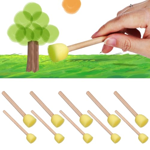 SEWACC Round Sponges Foam Brush Set 20Pcs Sponge Paint Brush with Wooden Handle Yellow Paint Sponges for Painting (1.5CM+2CM)