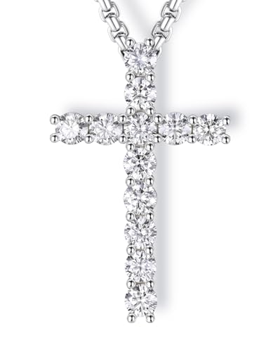 MomentWish S925 Sterling Silver Cross Necklace for Men - 3.6 Carat Moissanite Cross Pendant with Stainless Steel Box Chain Crucifix Necklaces Silver Jewelry Hiphop Christian Gift for Boyfriend Husband 22 Inches