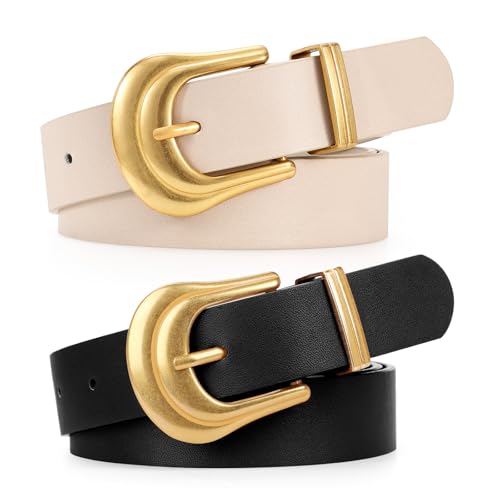 LEACOOLKEY 2 Pack Women's Leather Belts for Jeans Western Belt Ladies Wsit Belt with Gold Buckle 35