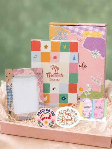 Image of DOODLE My Gratitude Journal Kit | A5 Hardcover Gratitude Journal | 132 Guided Pages for Daily Gratitude, Mindfulness & Self-Care | Wellness Journal with Premium Gift Box, Photo Frame, Magnetic Bookmarks & Inspirational Stickers (Joyful Notes)