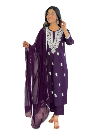 Image of Yashika Chikankari Work with Pure Cotton Fabric Straight Kurta, Pant and Dupatta Set |Kurta Set for Women