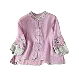 Womens Peasant Tops 3/4 Sleeve Cotton Linen Blouses Summer Fashion Retro Chinese Frog Button Floral Embroidered Shirts Purple