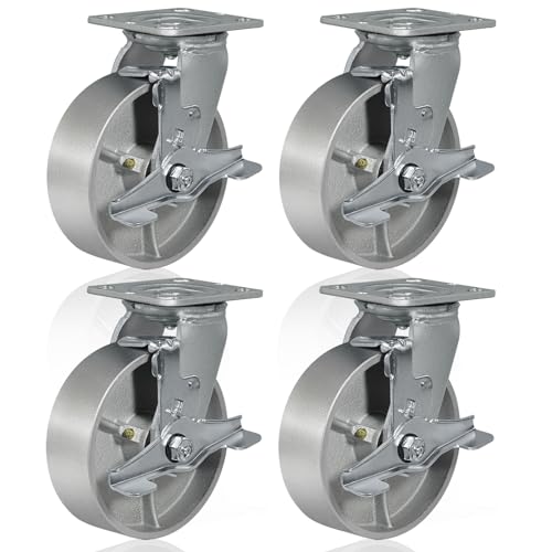 6" x 2" Caster Wheels, Heavy Duty Industrial Casters, Brake Caster Wheels with Roller Bearing - Semi Steel Cast Iron Wheels - 5000 Lbs Capacity Per Set of 4