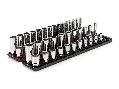 Image of TEKTON 1/2 Inch Drive 12-Point Socket Set with Rails and Trays, 52-Piece (3/8-1 in., 10-24 mm) | SHD92214