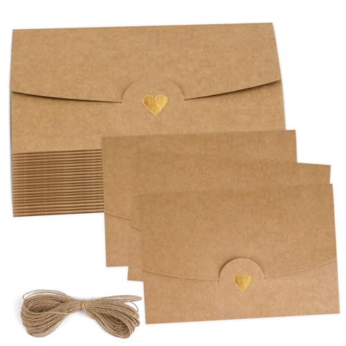 40 Stück Mini Briefumschläge mini umschläge Kraftpapier mit Hanfseil Herz Verschluss Kleine Briefumschläge für Geschenkkarte Hochzeit Einladungen Dankeskarten DIY(Kraftpapier)