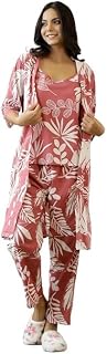 Women Printed Nightwear Pajama Set | 3 Piece Sleepwear Set with Inner Top, Pajama & Long Shrug | Soft Comfortable Night Su... Price In India