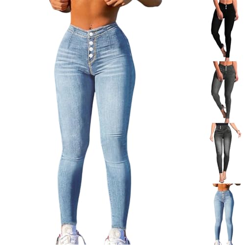 Jean Leggings for Women Tummy Control Mid Rise Elastic Waist Stretch Jeans Button Fly Y2K Regular Denim Pants