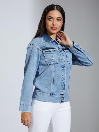 Image of Miss Chase Women's Polo Neck Full Sleeves Patch Pocket Denim Overcoat Knee-Length Jacket
