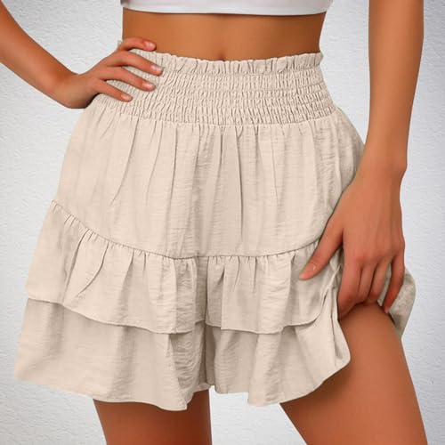 AnnSemo Women Girls Summer Skort Elasticated Waist Ruffle Shorts Solid Color Activewear Skirt Sport Running Tennis Skort Golf Skirt Bikini Bottoms Cotton Shorts Athletic Stretchy - Image 2