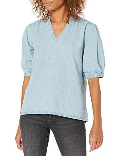 Amazon Brand - Goodthreads Women's Relaxed Fit Denim Puff Sleeve V-Neck Shirt, Light Wash, Medium