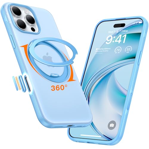 TORRAS 360 Magnetic Stand for iPhone 16 Pro Max Case[Fit for MagSafe][Camera Control Button][Mil-Grade Protection] Slim, Rotatable Kickstand, Translucent Coastal Blue 6.9", Ostand OFitness S