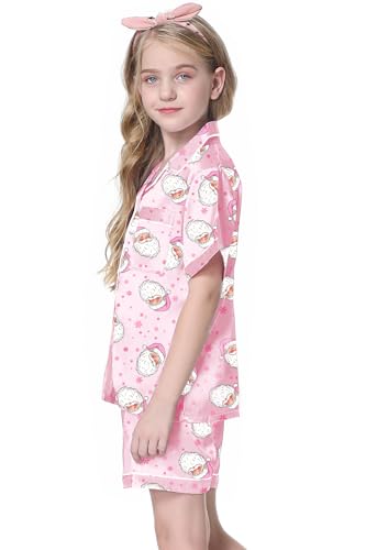 Image of Schbbbta Girls Womens Pajamas, Satin Silky Pjs Set Kids 2Pcs Button-Down Nightwear Sleepwear Gift for Mommy and me