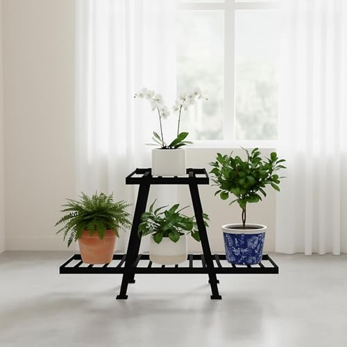 Image of Oriley 2-Tier Plant Stand Anti-Rust Metal Flower Pot Holder Outdoor and Indoor Planters Gamla Stands for Balcony & Living Room Home Decor (Pack of 1, Black)