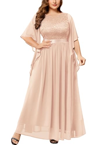 Image of Miusol Women's Plus Size Sequin Lace with Ruffle Cape Cloak Sleeves Elegant Evening Gown Wedding Guest Maxi Dress