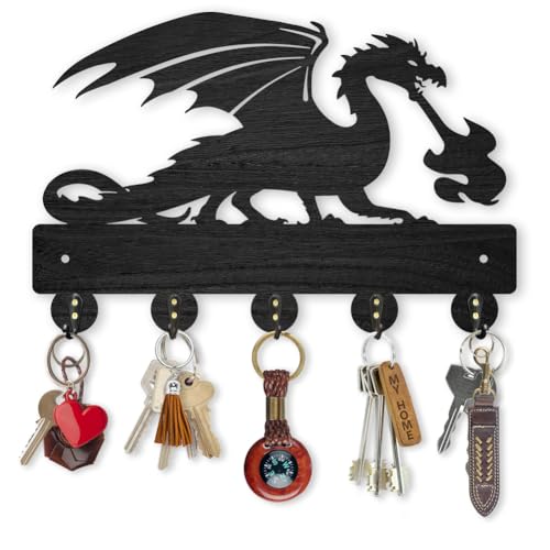MAYJOYDIY Dragon Key Holder, Wood and Alloy, Wall Mounted Key Rack, Black, Decorative Wall Art, 30x20cm, 5 Hooks