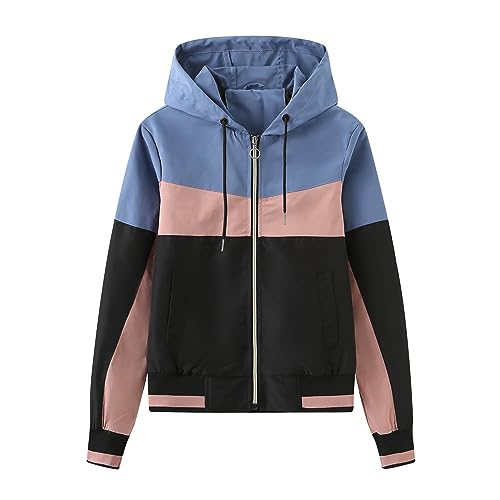 Women Lightweight Colorblock Hooded Raincoat Waterproof Packable Active Outdoor Travel Hiking Windbreaker Rain Jacket